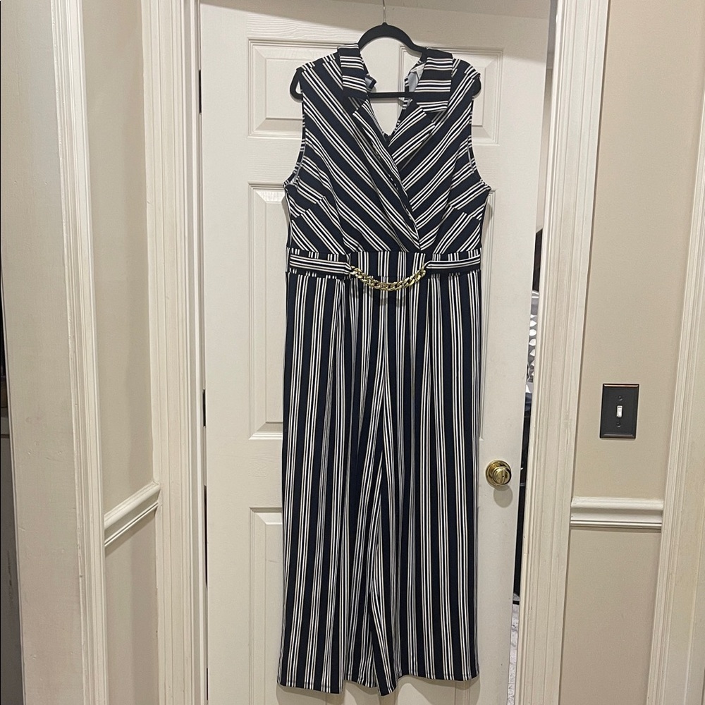 Cato Navy Blue and White Striped Jumpsuit
